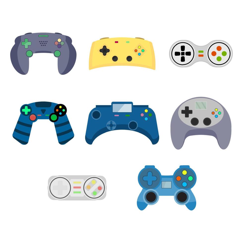 grej och joypad till underhållning spel, enhet kontrollant joystick trådlös, knappsats för video spel, dator elektronisk vaddera för spela i arkad. vektor illustration