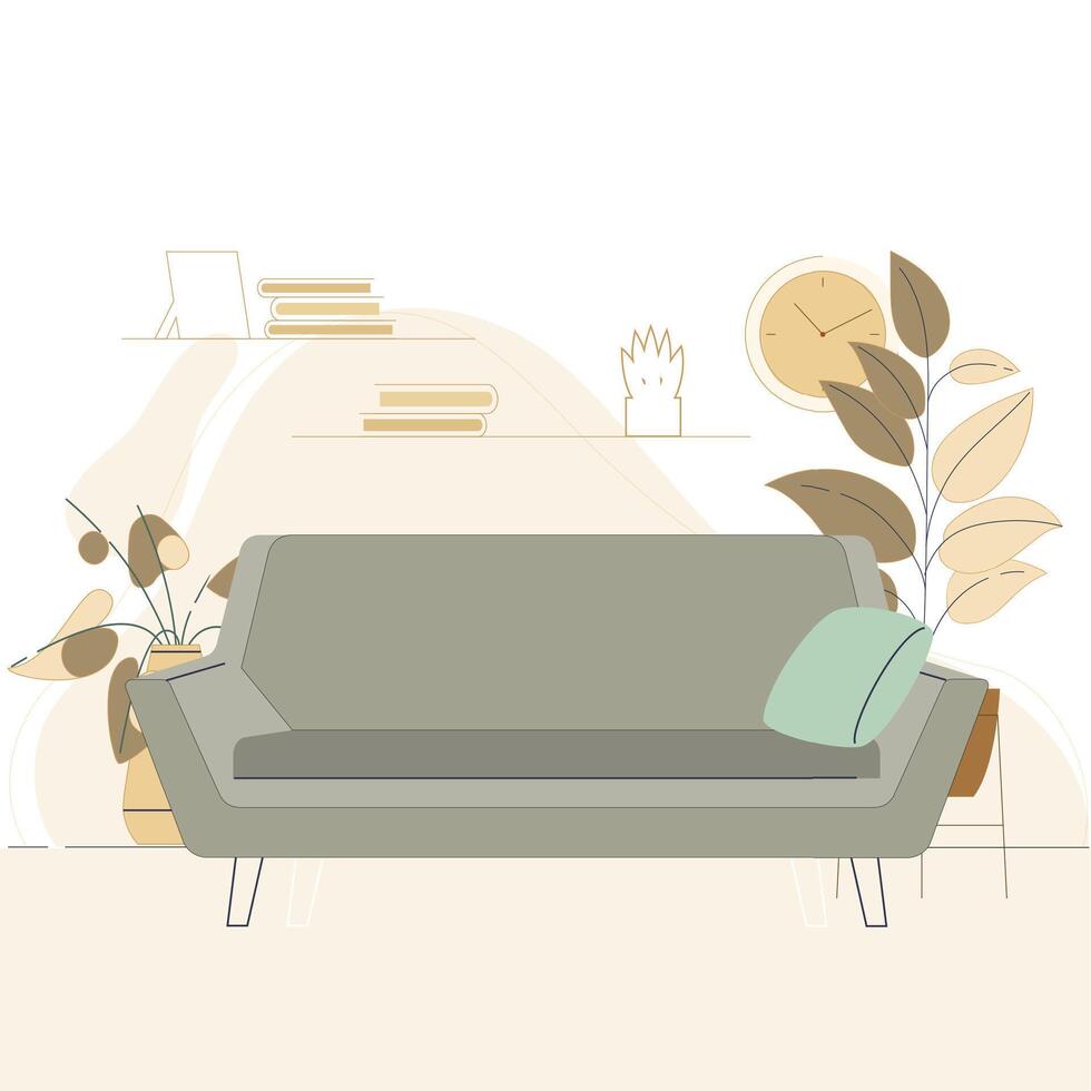 levande rum modern interiör med soffa , platt tecknad serie design. vektor levande rum möbel och vägg med hylla och böcker illustration