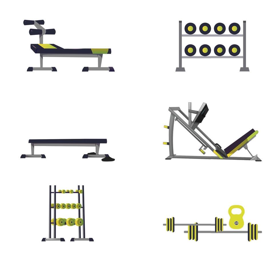sport utrustning för Gym samling. Utrustning sport objekt för atletisk, träna och kondition träning, järn för bodybuilding. vektor illustration