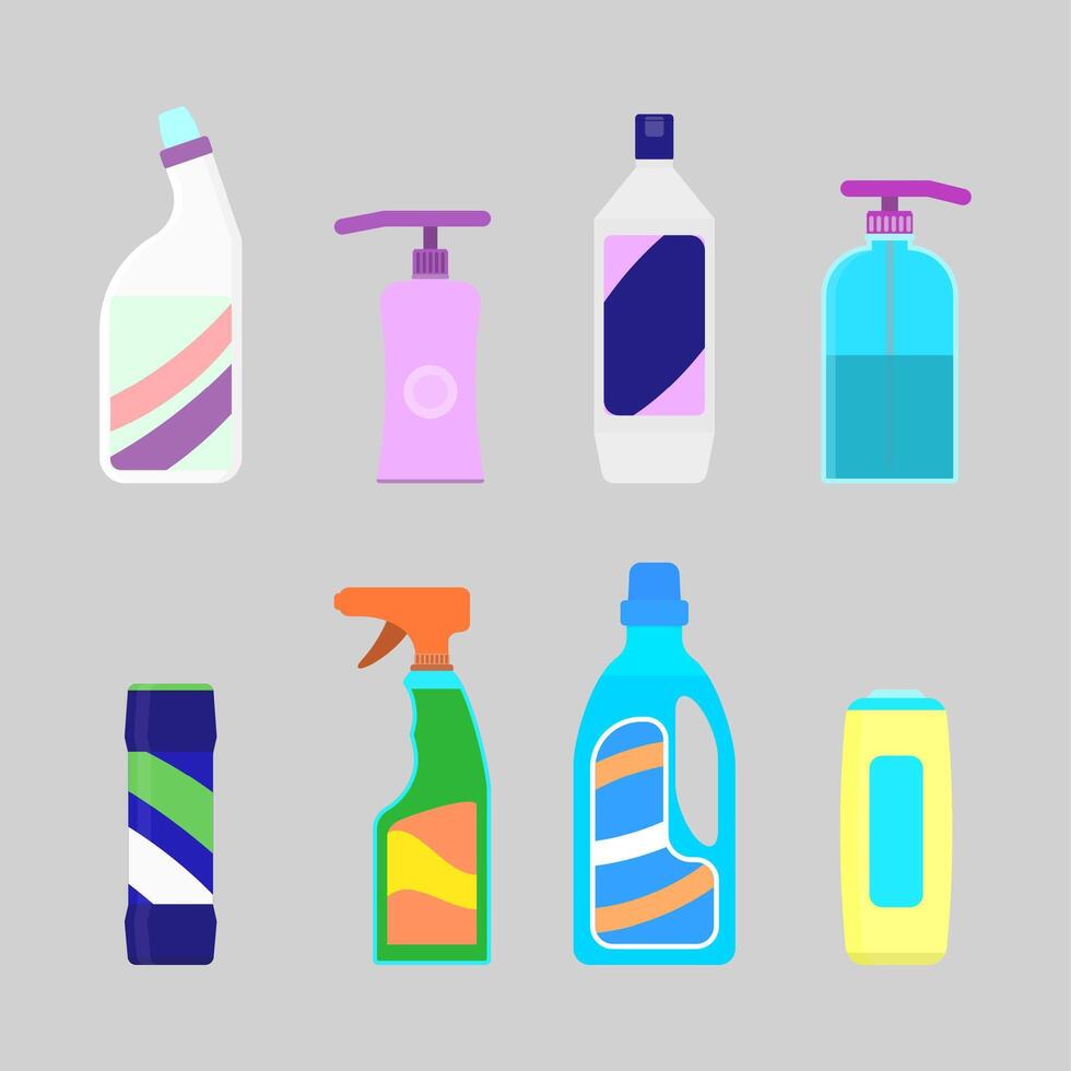 inhemsk hushållsarbete sanitär flaskor vektor, rengöringsmedel förpackning, desinfektionsmedel spray och lutande förnödenheter. färgad låda plast rengöringsmedel, tvättning hushållning illustration. tyg mjukgörare och pulver vektor