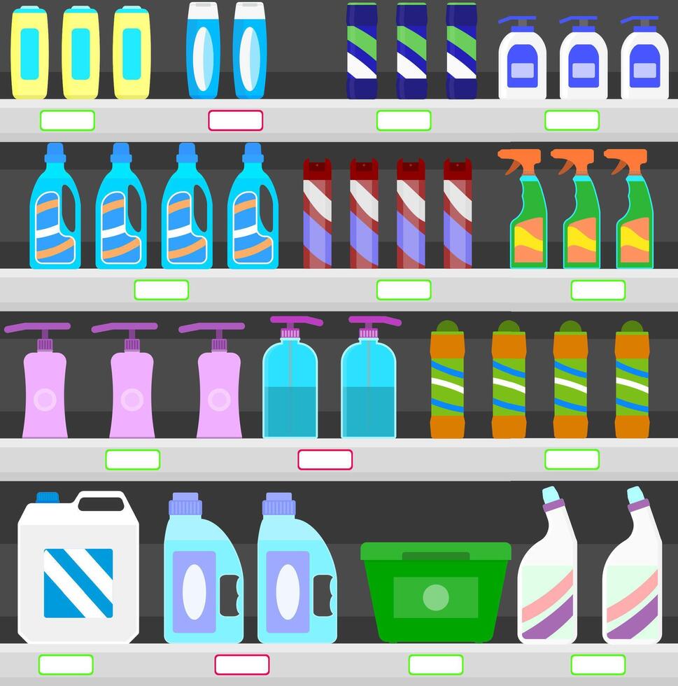 Vitrine Gestell von Haushalt Chemikalien speichern. Reiniger und Desinfektionsmittel. Vektor Ausrüstung zum Hausarbeit, Flüssigkeit Reinigung und Waschen, Markt Waren Wäsche und sanitär Illustration