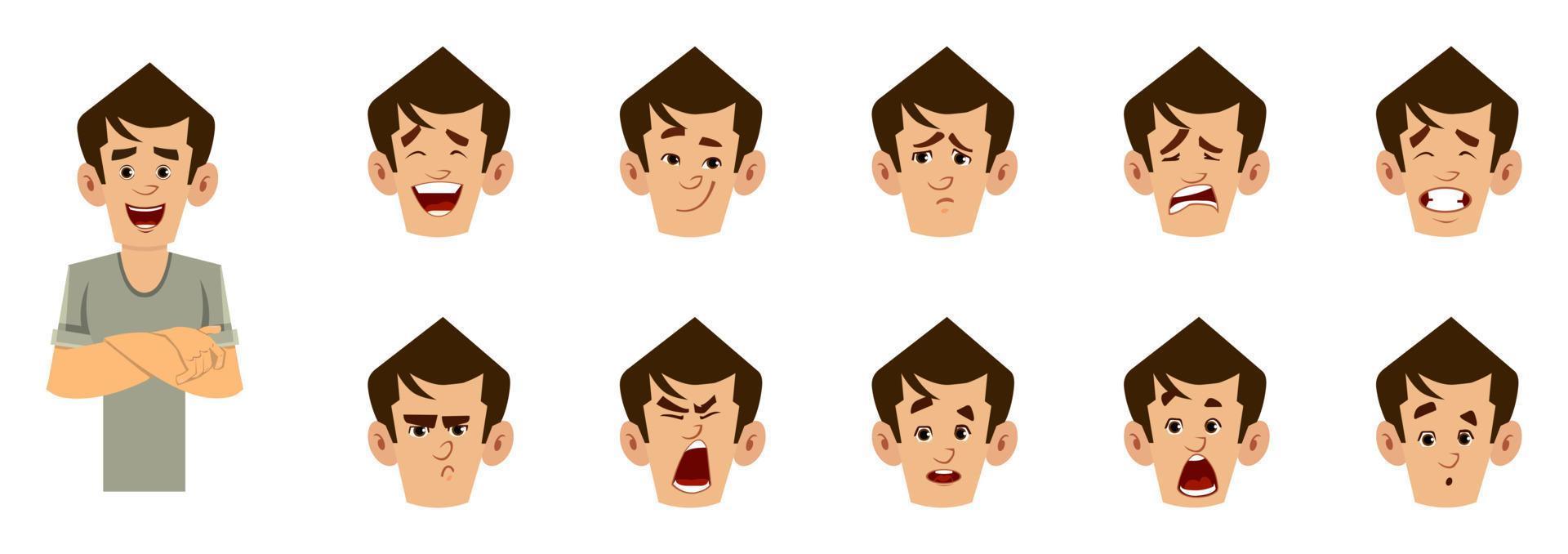 lässige Mann-Cartoon-Figur mit unterschiedlichem Gesichtsausdruck. verschiedene Gesichtsgefühle für benutzerdefinierte Animationen vektor