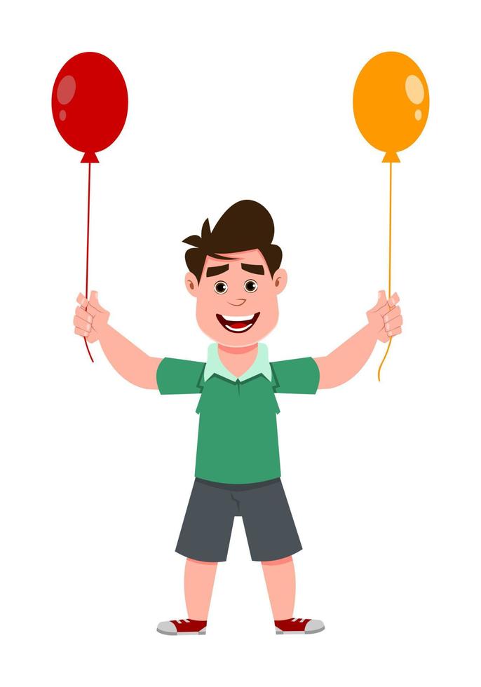 süßer Junge, der mit Ballon spielt. Süße Kinderfigur im flachen Stil für Design, Bewegung oder Design. vektor