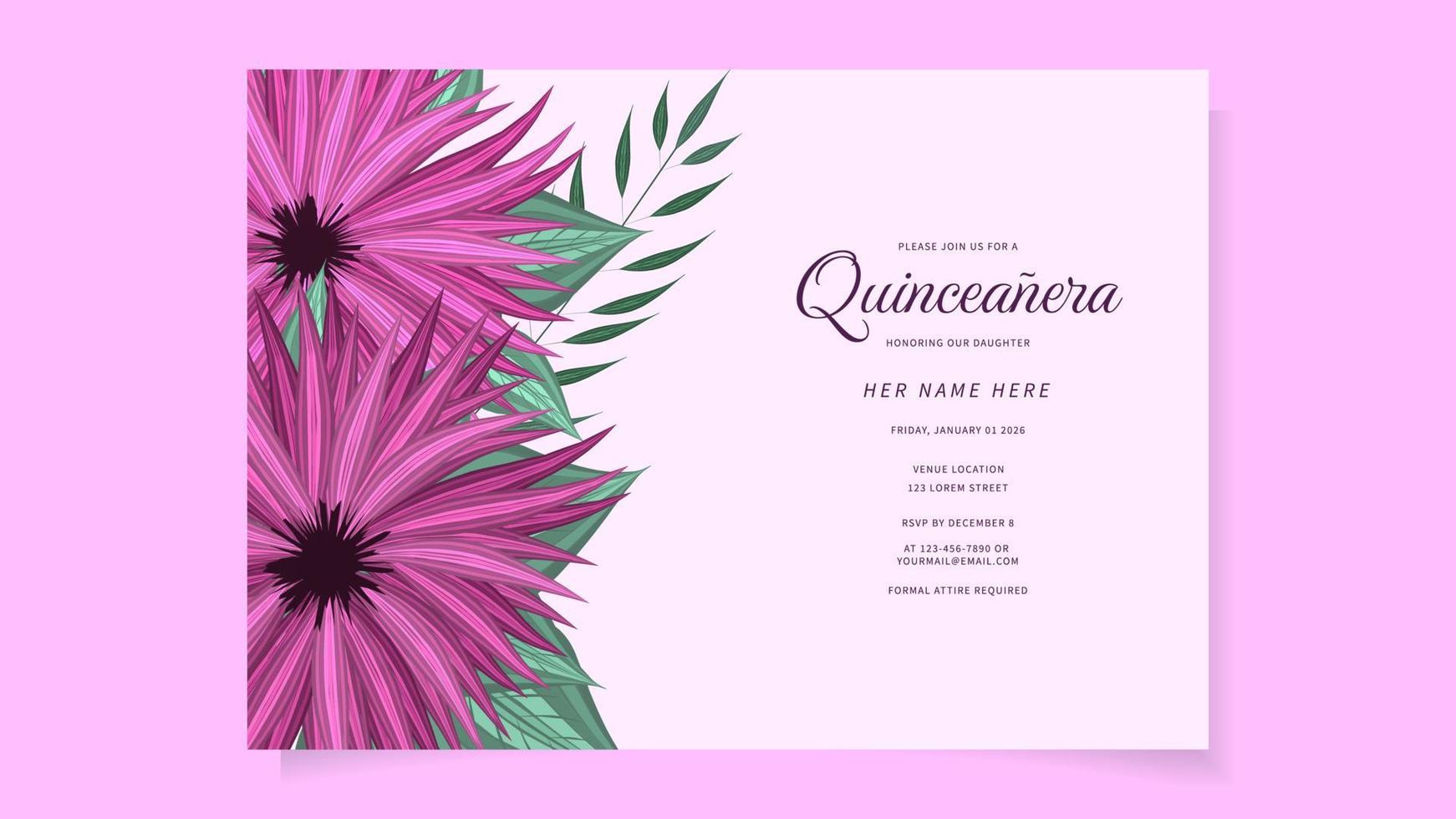 Quinceanera-Blumen laden Vorlage für die Geburtstagsfeier von 15-Jährigen ein vektor