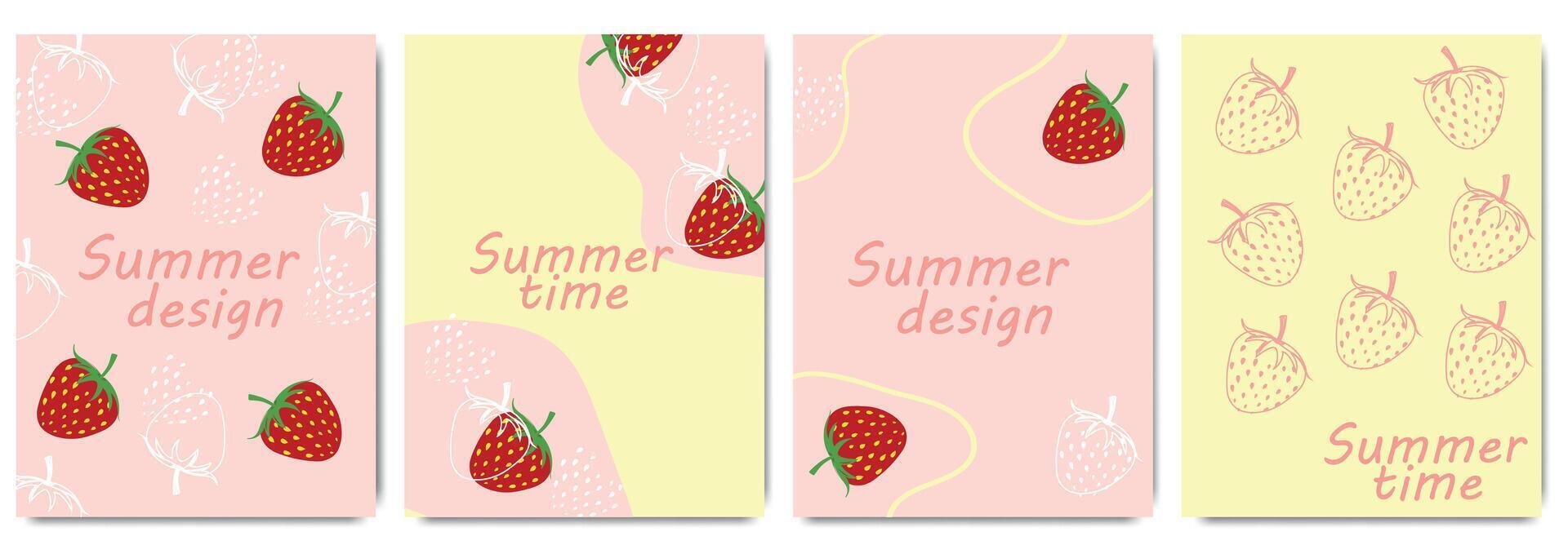 Sammlung von bunt retro Karten auf das Sommer- Beere Erdbeere. Linie Kunst Design mit Sommer- rot Beere. Vorlagen zum Feier, Anzeigen, Marke, Banner, Abdeckung, Etikett, Poster vektor