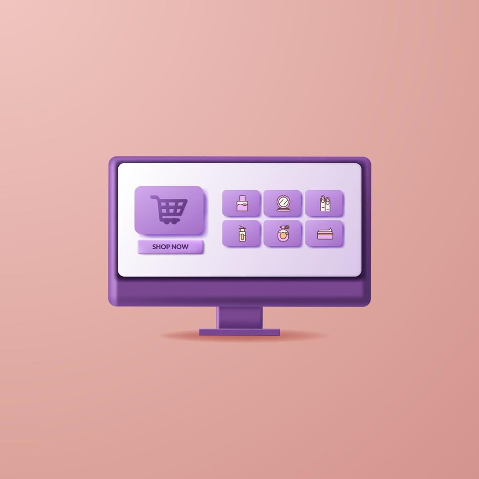 Desktop-Computer-Online-Shopping-Ecomerce-Design mit 3D-Symbolelement für Marketing und Geschäft vektor