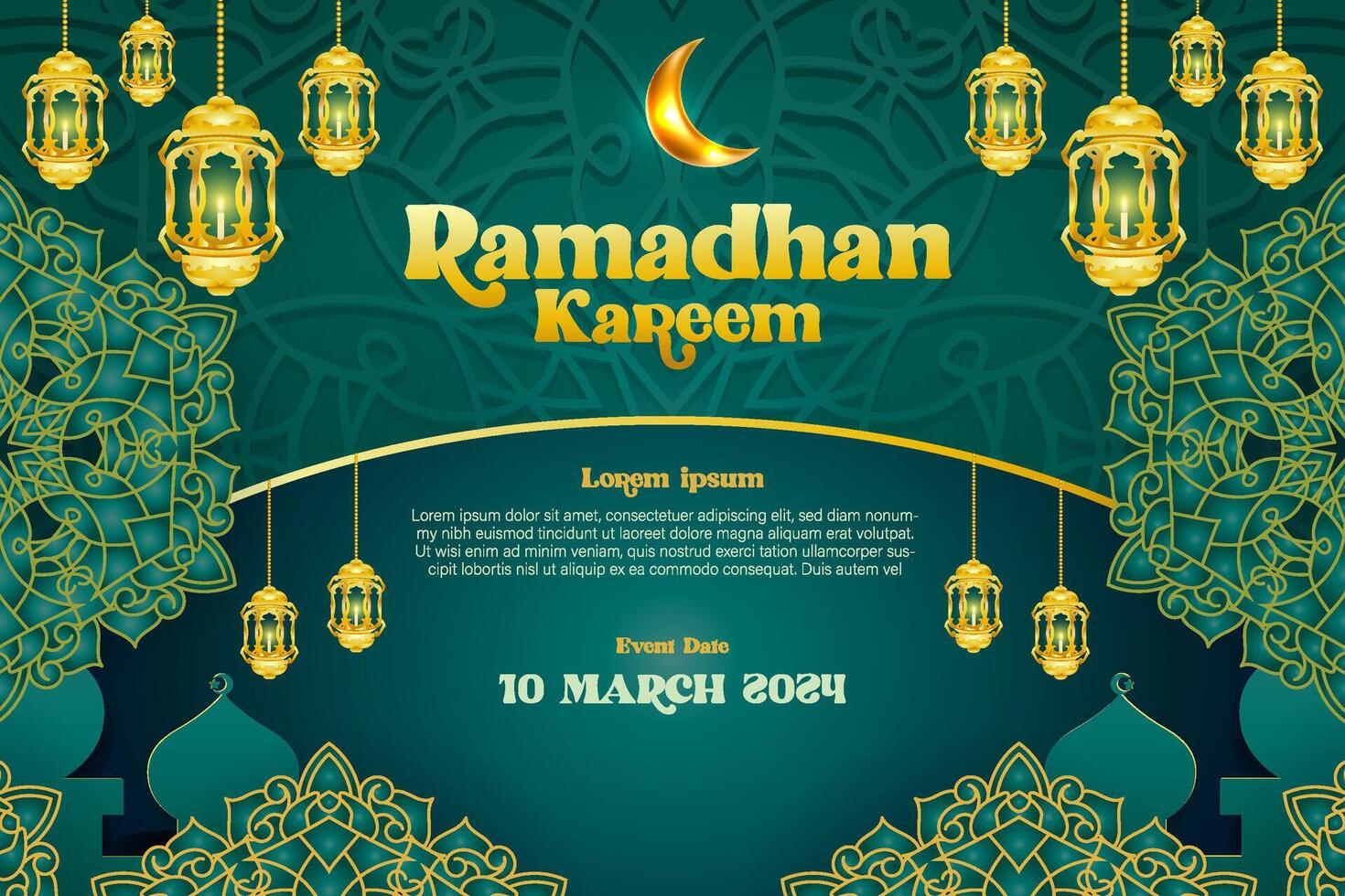 elegant Glanz Hintergrund und Poster Ramadan kareem mit Gradient Stil und realistisch Symbol vektor