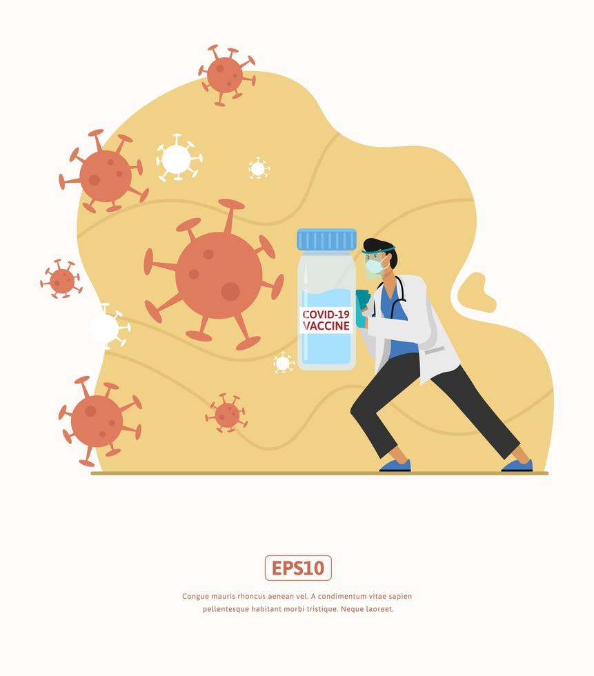 Flache Illustration mit Arztillustration, die das Virus bekämpft, mit Maske und Impfstoff vektor