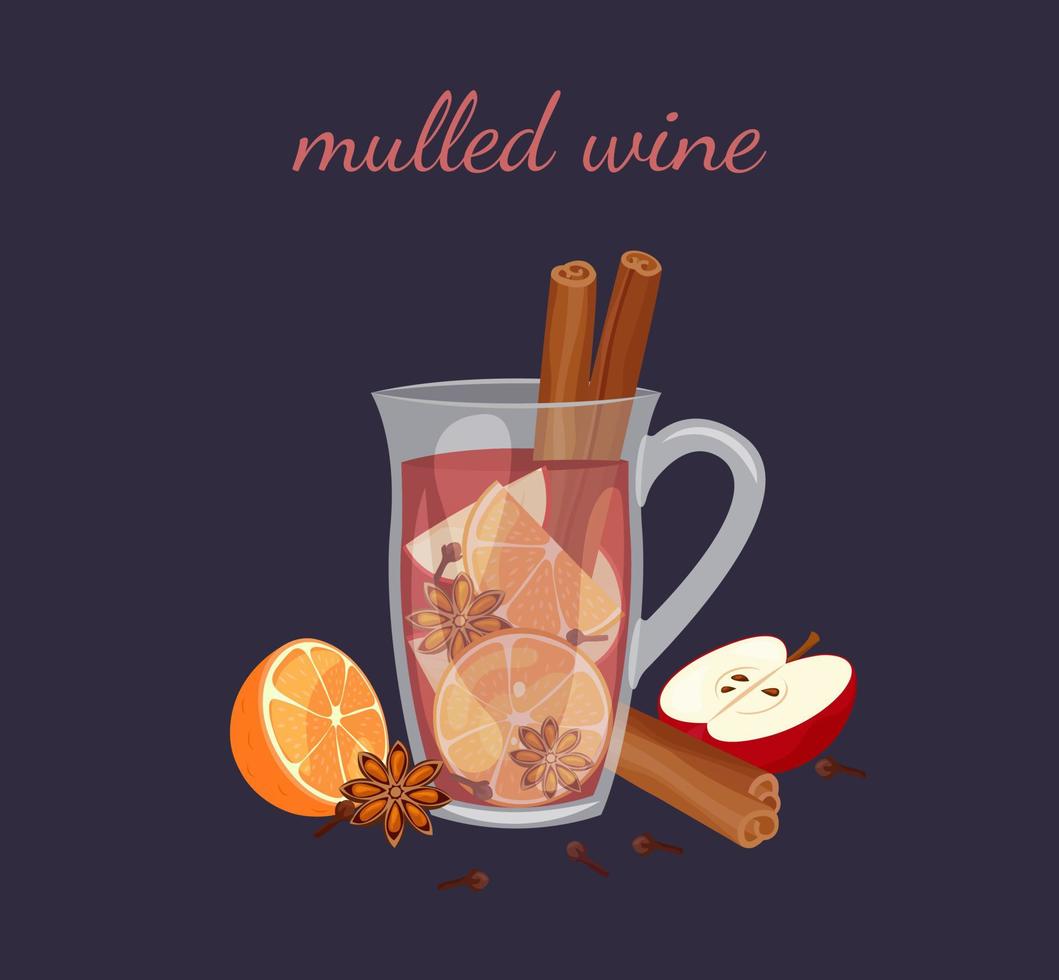 Glühwein auf dunklem Hintergrund isoliert. Glasbecher mit heißem Wintergetränk. Zutaten Rotwein, Zimt, Anis, Orange, Nelke und Apfel. Vektor-Illustration vektor