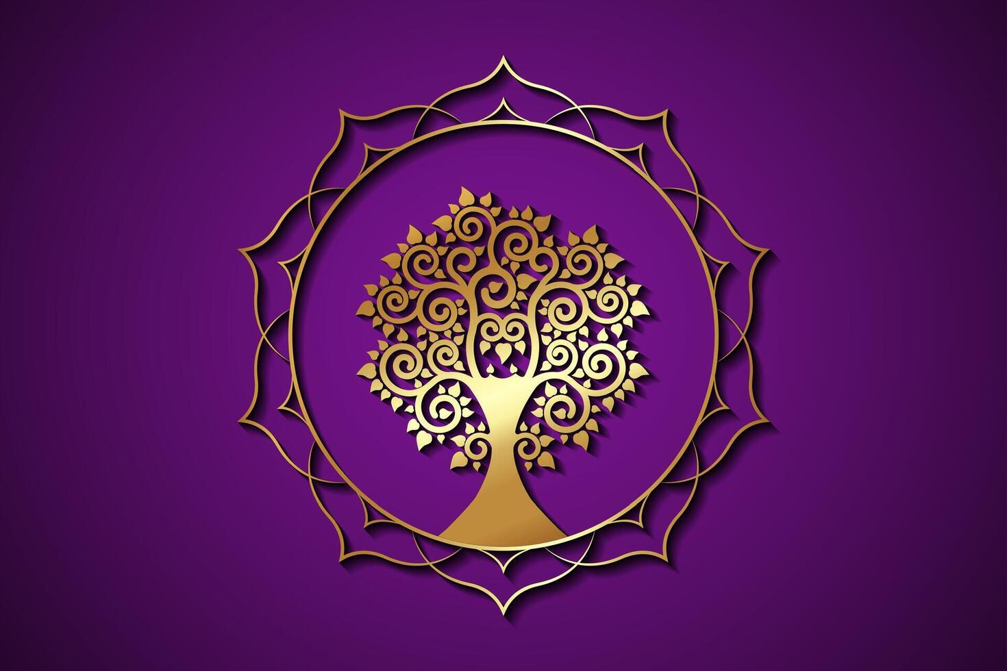 Gold Baum von Leben auf heilig Lotus Rahmen Rand Logo Vorlage. Buddhismus esoterisch Motive, spirituell Yoga. golden Mandala Vektor isoliert auf lila Hintergrund