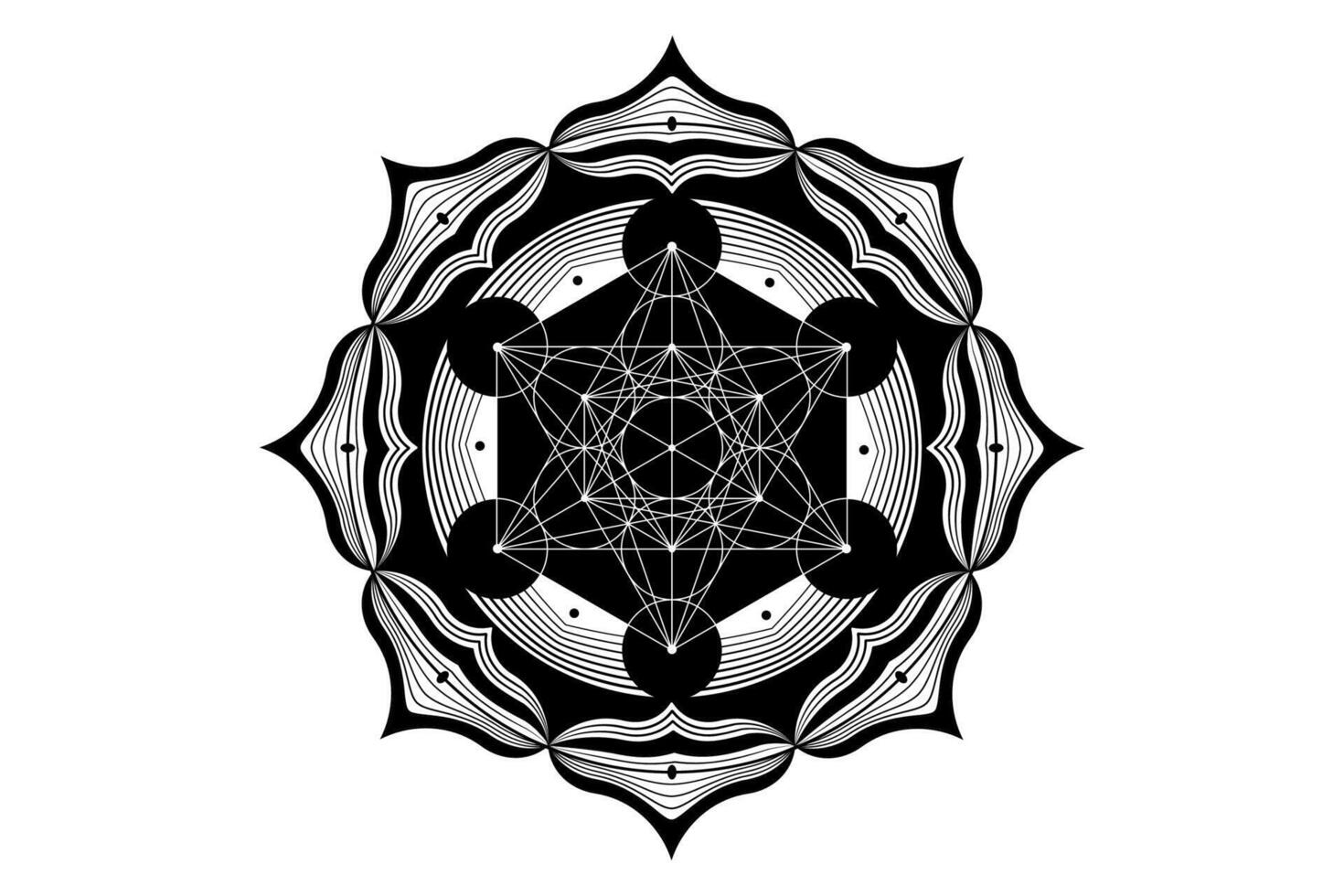 heilig Mandala von Metatronen Würfel, mystisch Blume von Leben. heilig Geometrie, Grafik Element Vektor isoliert Illustration. Mystiker Symbol platonisch Feststoffe, abstrakt geometrisch Zeichnung, typisch Ernte Kreise