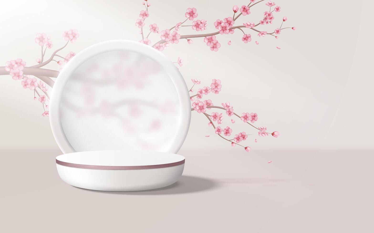 realistisch Podium mit oben Hut im Pastell- Rosa Farben. runden Plattform mit gefrostet Glas und Blumen im das Hintergrund zu Anzeige Ihre Produkte. vektor