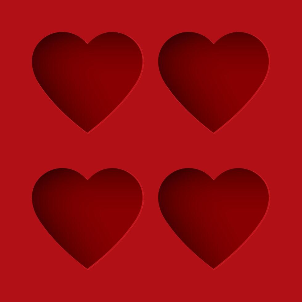 abstrakt fyra av 3 dimensionera hjärta ram papper skära på röd bakgrund med tom Plats. hjärtans dag hälsning kort mall. vektor