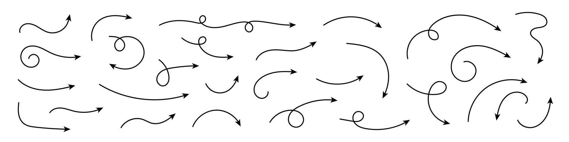 samling hand dragen pilar. uppsättning enkel böjd pilar isolerat på vit bakgrund. samling av pekare. vektor illustration.