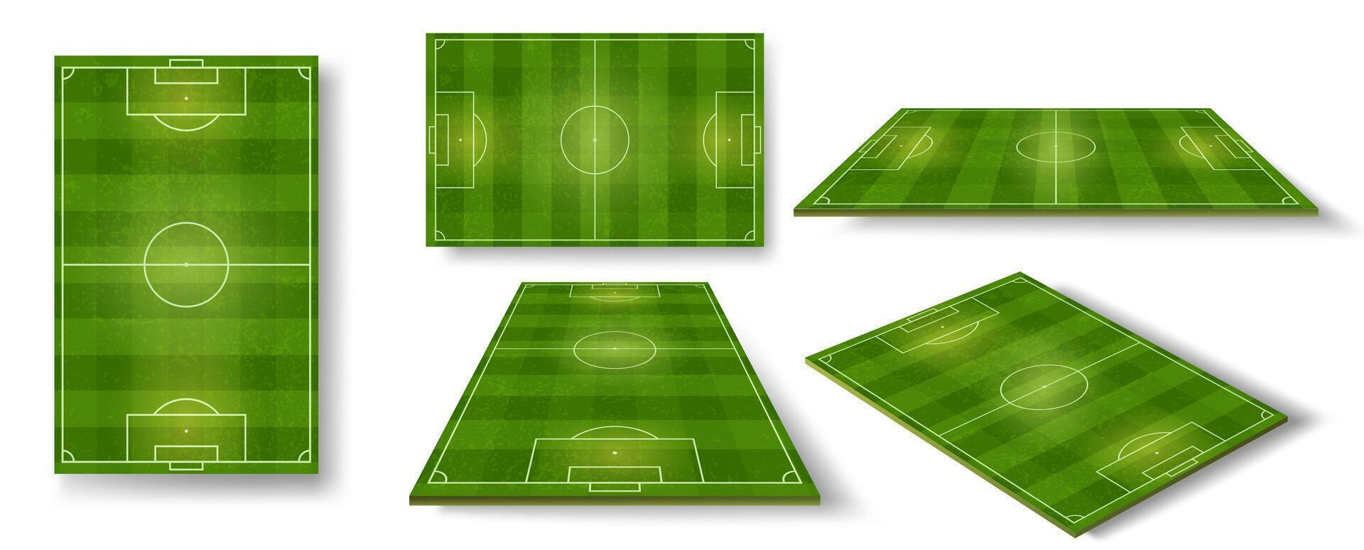 fotboll fält. fotboll kasta schema topp, sida och perspektiv se. realistisk europeisk fotboll domstol eller stadion med grön gräs vektor uppsättning