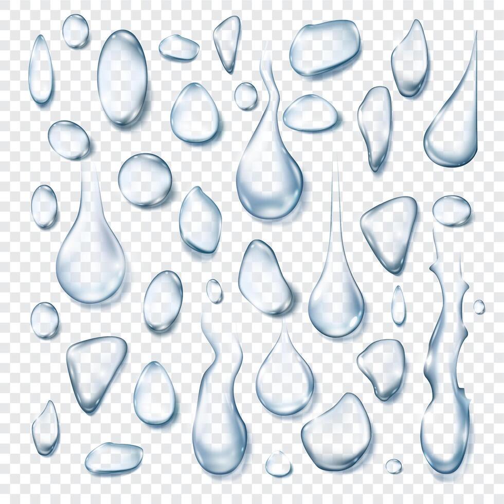 vatten droppar. realistisk 3d regn liten droppe form på glas. kondensation rena släppa. färsk effekt. aqua droppa på transparent bakgrund vektor uppsättning