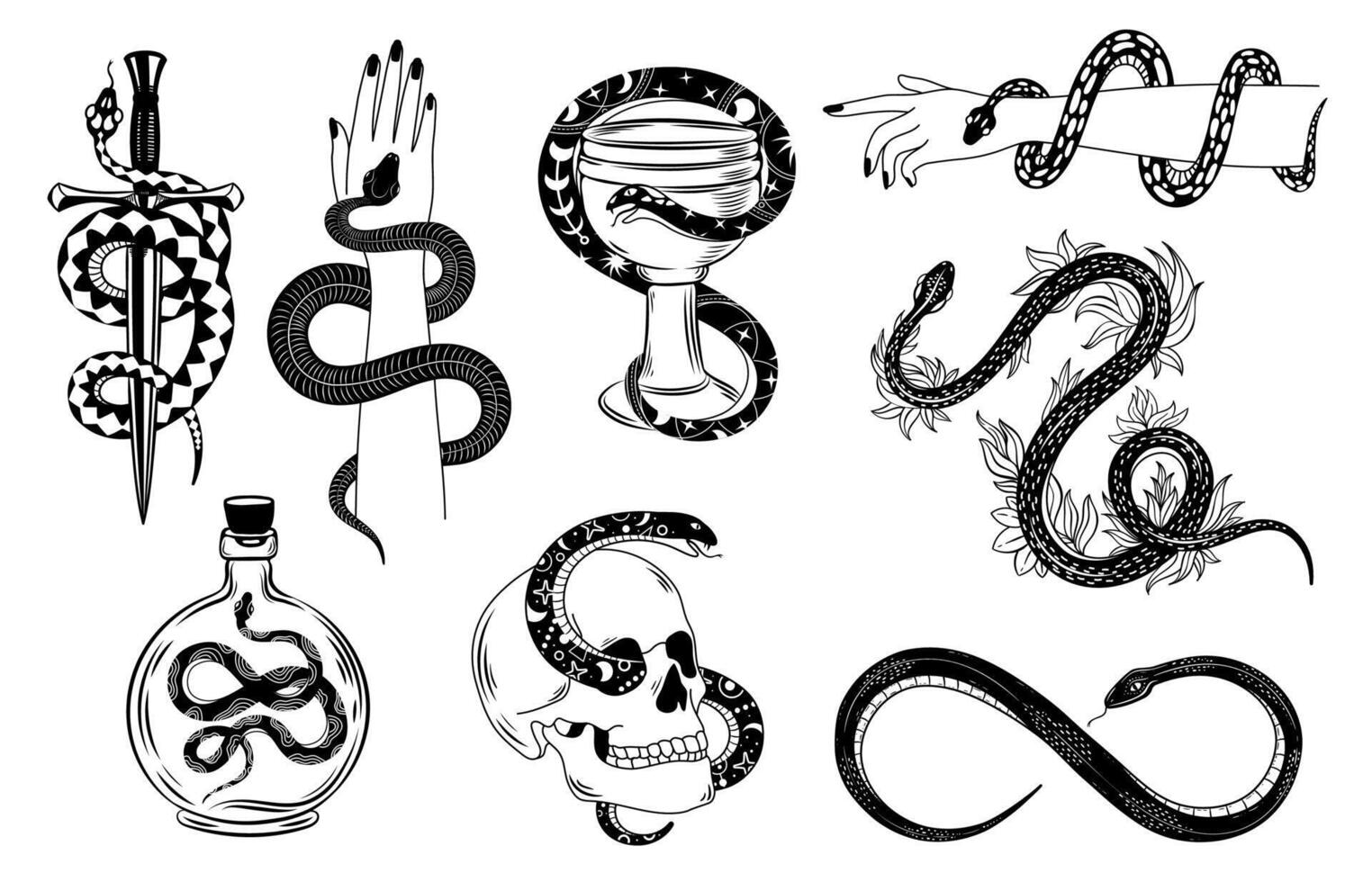 Schlangen Tätowierung. Okkulte Schlange eingewickelt um Hand, Schädel, Dolch, Schüssel und Gift. Schlange Silhouette im Blumen. mystisch Tätowierungen Vektor einstellen