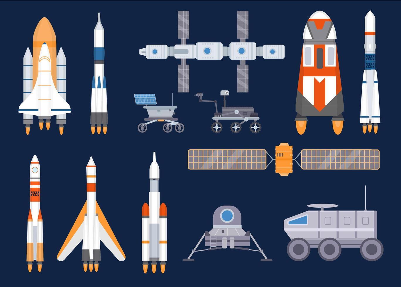 Raumfahrzeug Technologie. Satelliten, Raketen, Raum Bahnhof, Schiffe, Shuttles, Mond und Mars Rover. Universum erkunden Ausrüstung Vektor einstellen
