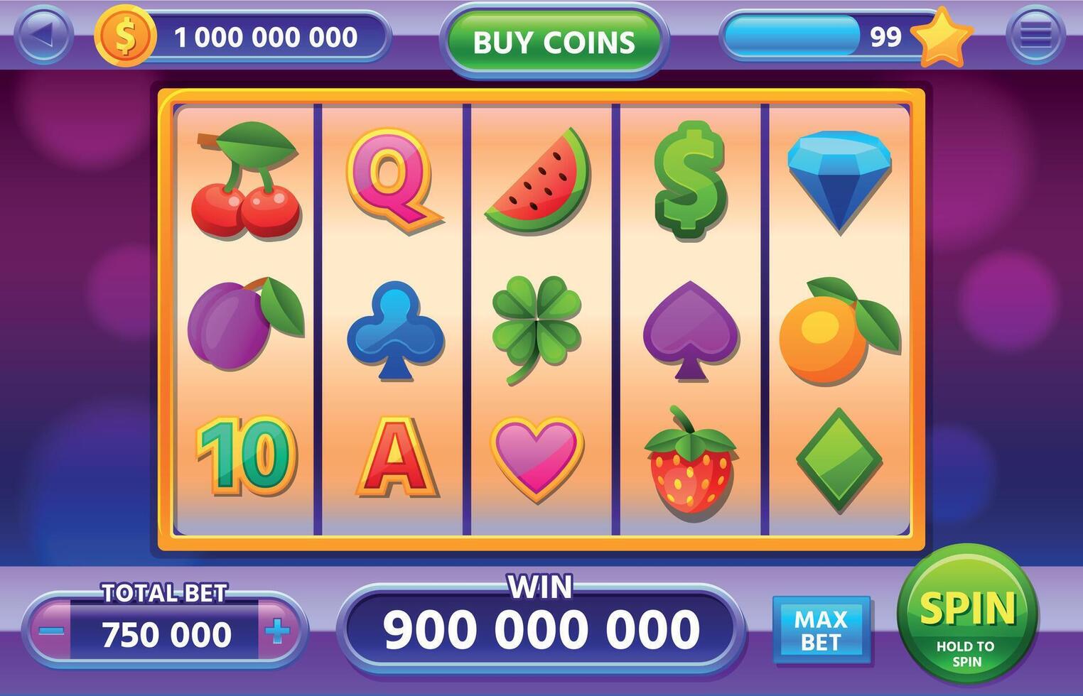 kasino spår maskin gameplay gränssnitt för mobil app. jackpott ui med frukter, diamant och klöver tecknad serie ikoner. vegas spel vektor skärm