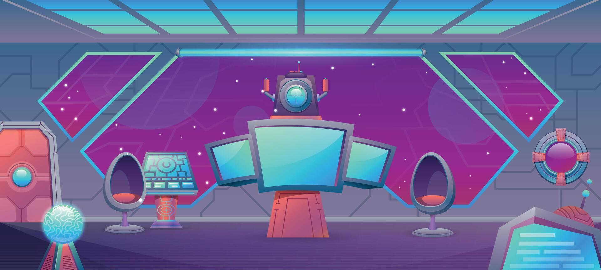 Karikatur Raumschiff Center Zimmer Innere mit Monitor und Steuerung Tafel. futuristisch kosmisch Außerirdischer Schiff Cockpit zum Video Spiel Vektor Hintergrund