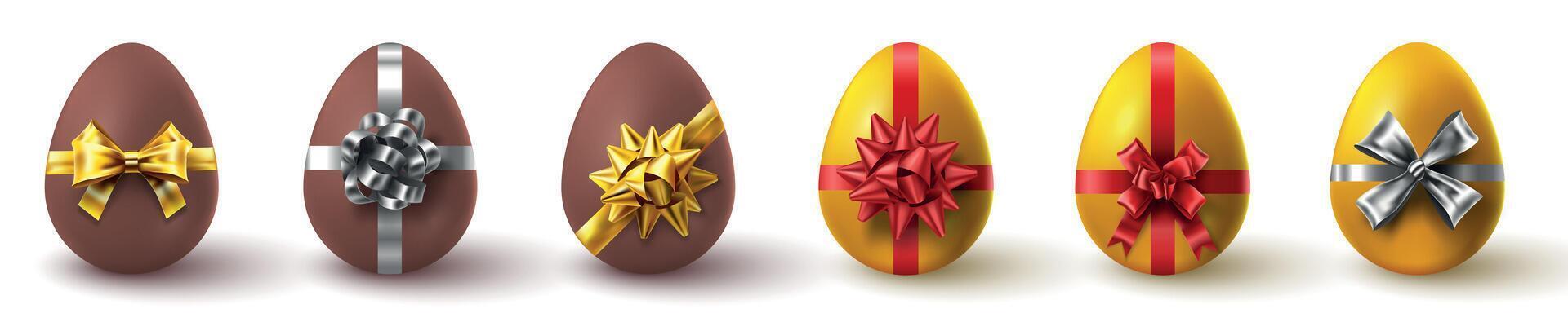 realistisch golden und Schokolade Ostern Ei Geschenke mit Band Verbeugungen. Frühling Urlaub Überraschung Eier die Geschenke. glücklich Ostern Tag Jagd Vektor einstellen