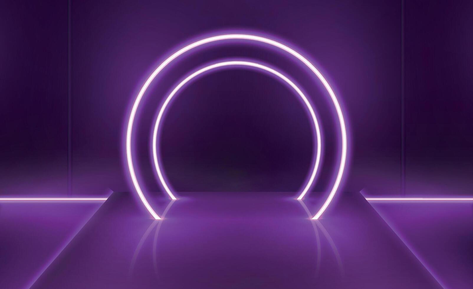 lila Neon- futuristisch Digital Bühne mit Kreis Licht Bogen. Vitrine zum Technologie Produkt Präsentation. leeren Sockel Nacht Vektor Szene