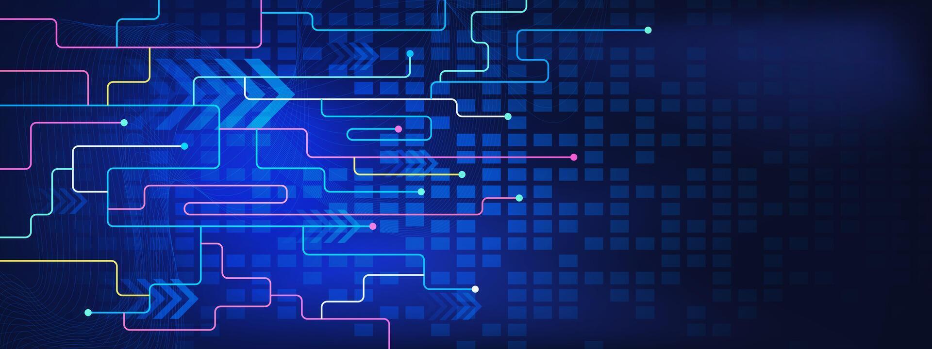 Mehrfarbig Linien und Punkte zum Netzwerk Verbindung, Sozial Vernetzung und global Kommunikation Technologie auf dunkel Blau Hintergrund. Vektor Illustration.