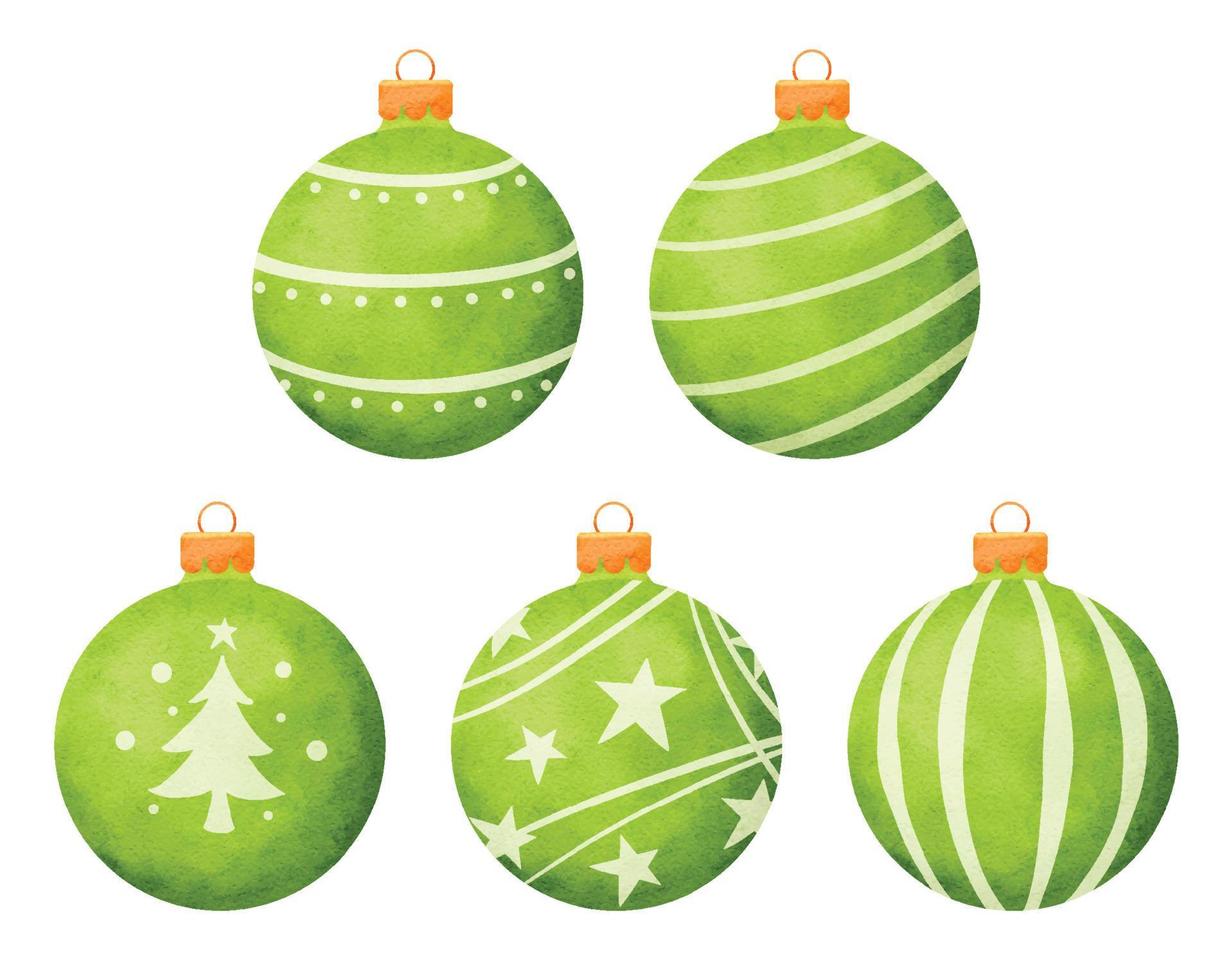 Grüne Weihnachtskugeln Aquarell Stil Dekoration isoliert auf weißem Hintergrund. vektor