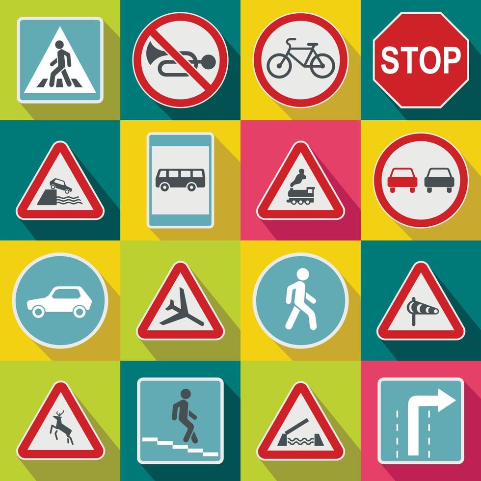 Straßenschild-Set-Icons, flacher Stil vektor