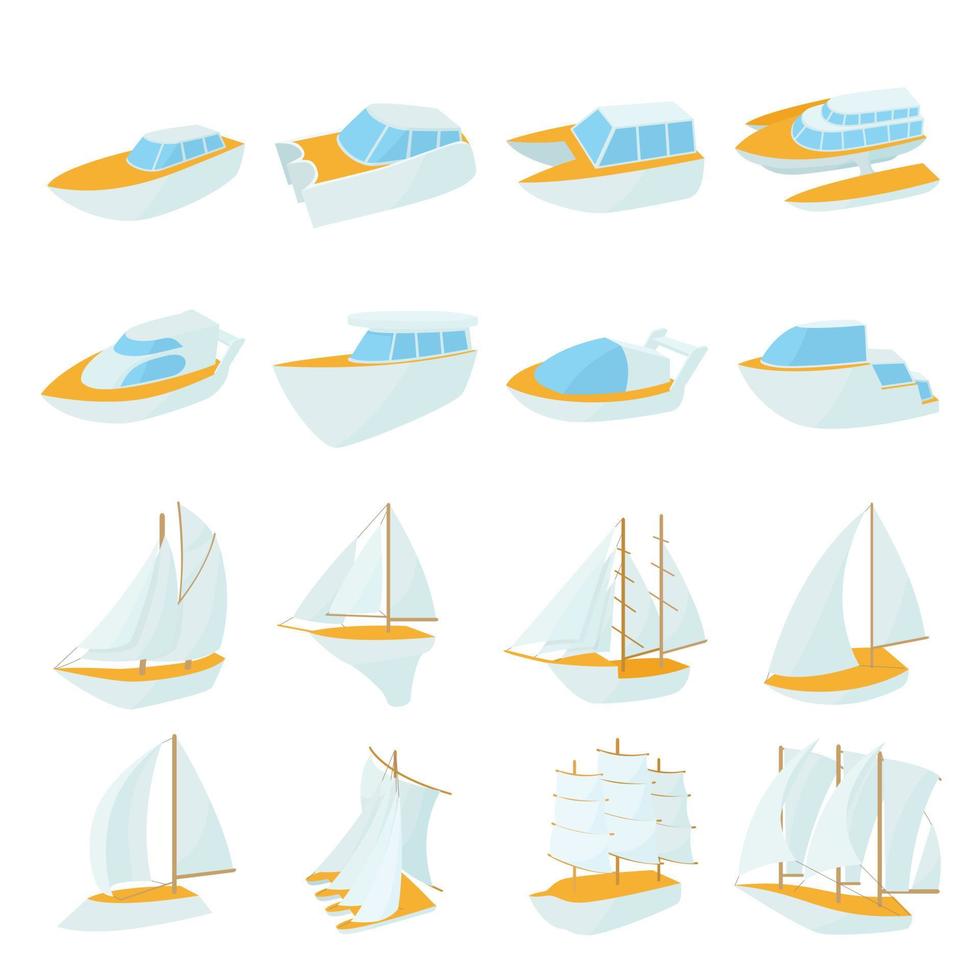 yacht ikoner set, tecknad stil vektor