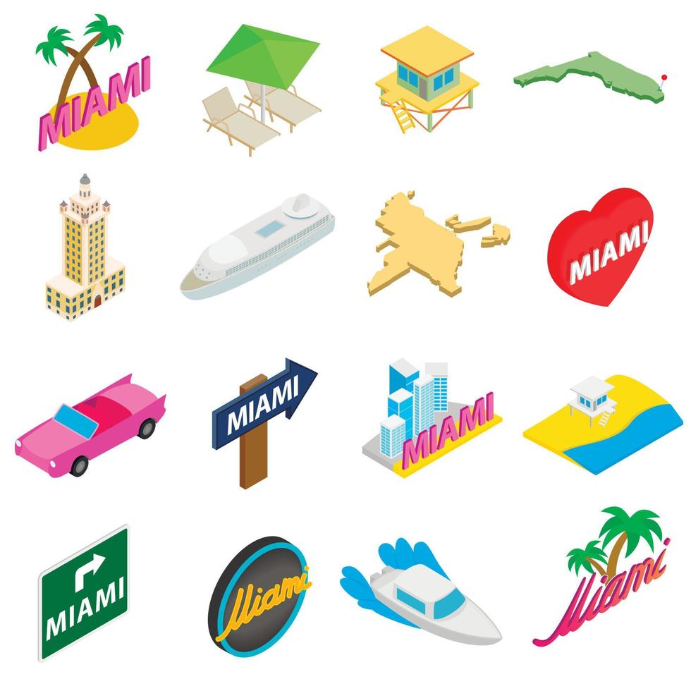 Miami ikoner set, isometrisk 3d-stil vektor