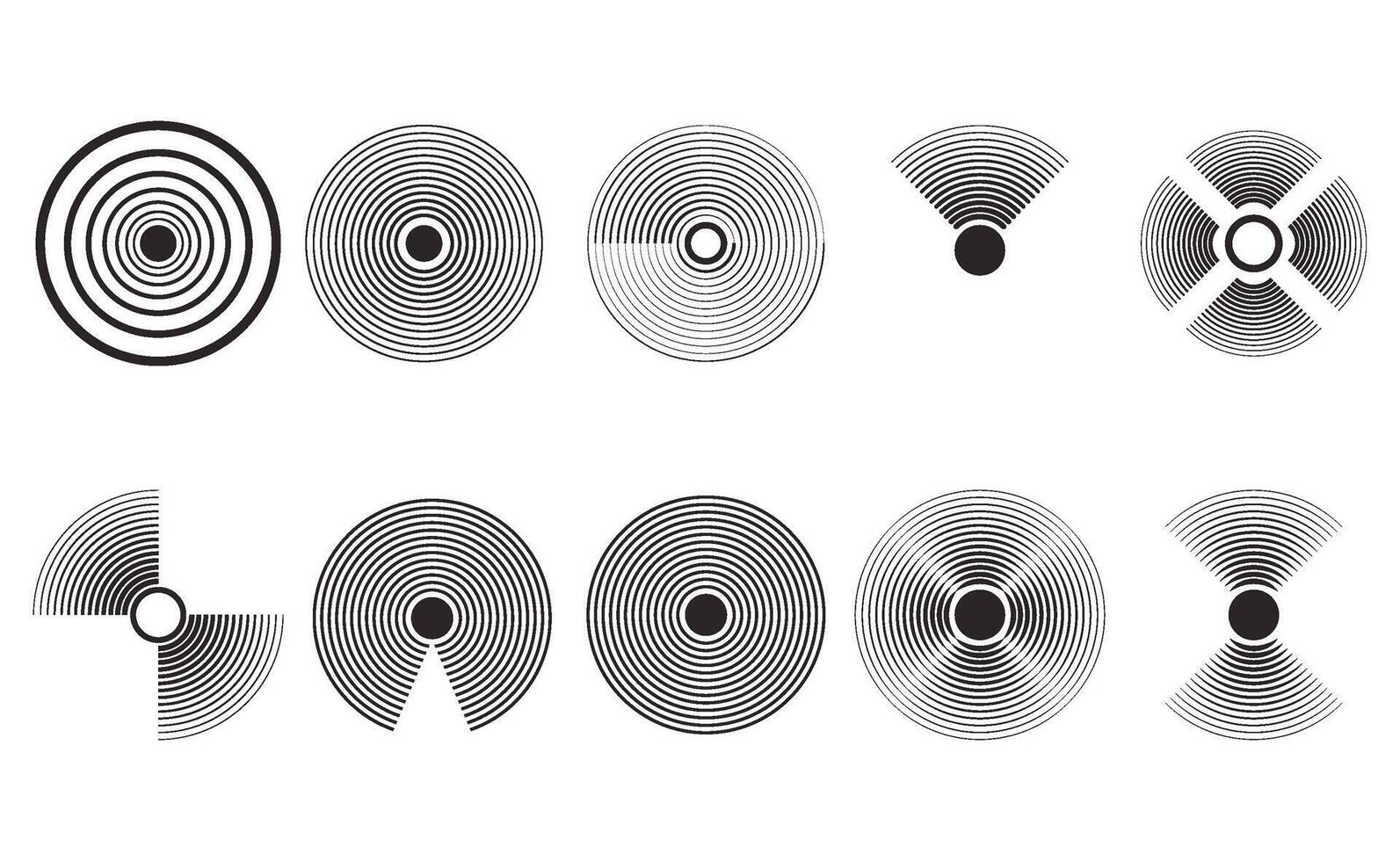 Radar und Sonar Welle Signal, Sammlung von Symbole. Vektor Illustration. Radio Scanner, Signal Vision Energie, schwarz radial Zeichen Ausrüstung, Radius Ziel, Ultraschall Verbindung, Scan erkennen Sammlung