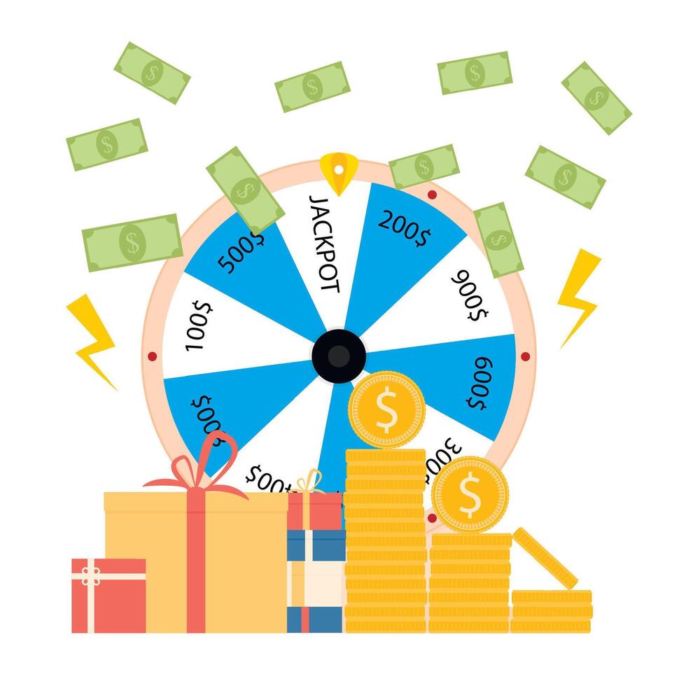 Sieg im Lotterie, Rad Glück, Glücksspiel Spiel vergeben. Vektor Illustration. Glück spielen, Erfolg Kasino Spiel, drehen Slot, Gold Münze, Dollar Banknote, Kasse Element, Lotterie Gewinner, runden rotieren