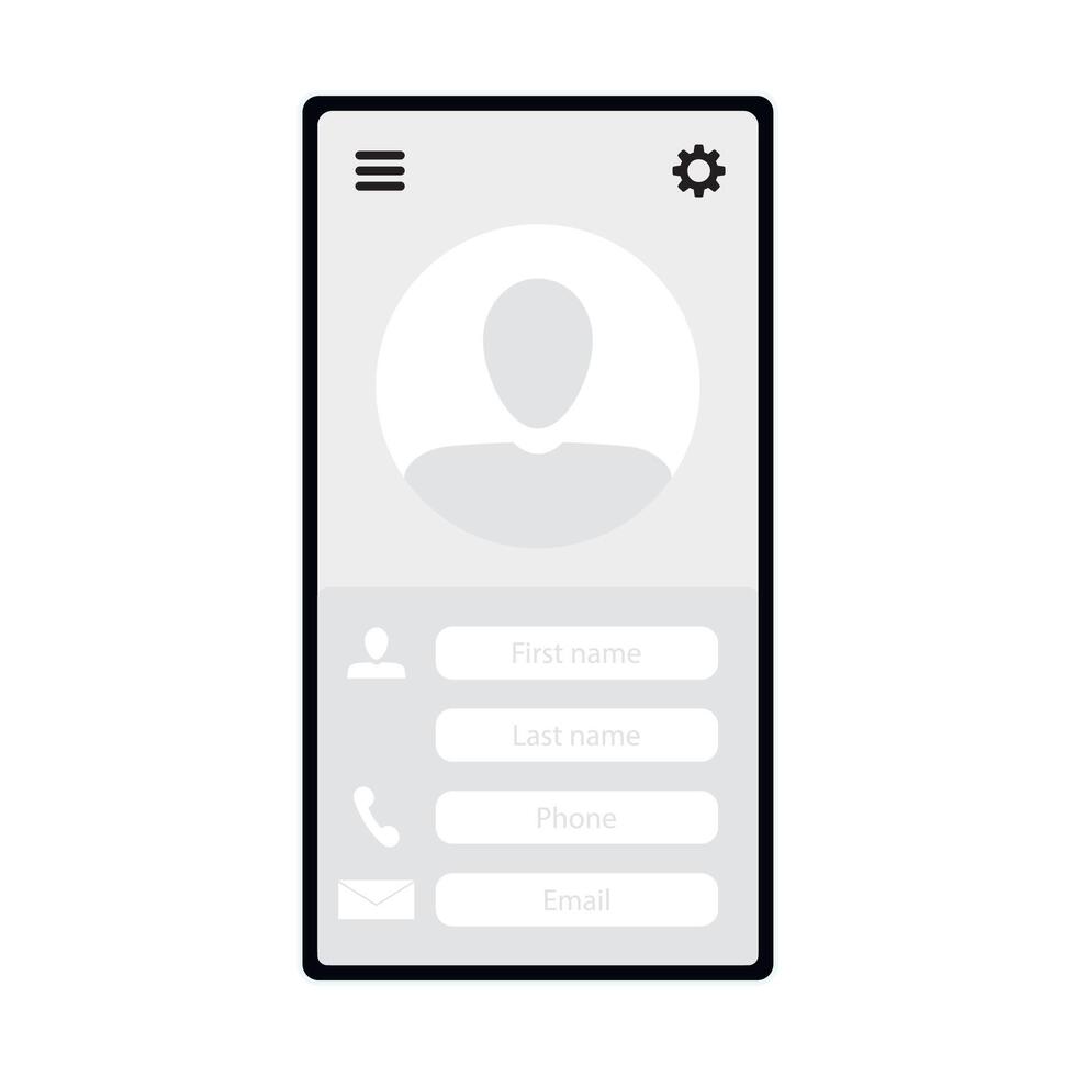 Vorlage von Seite Kontakt im Smartphone mit Name, Email und Nummer Telefon. Smartphone Bildschirm Schnittstelle, Handy, Mobiltelefon Layout Information mit Nummer Telefon und Nutzername. Vektor Illustration