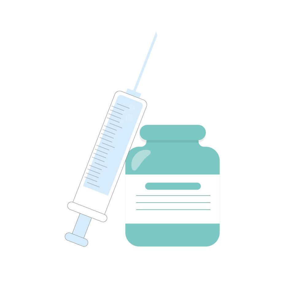 Impfstoff und Spritze, klinisch Phiole und Pflege zum Schuss, Apotheke Konzept, Vektor Droge zum Immunität Illustration