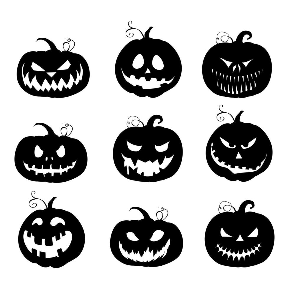 Halloween schwarz Kürbisse Silhouette Sammlung. Vektor Herbst Grusel Urlaub, Feier Jack lustig, Emotion Gesicht Carving Illustration