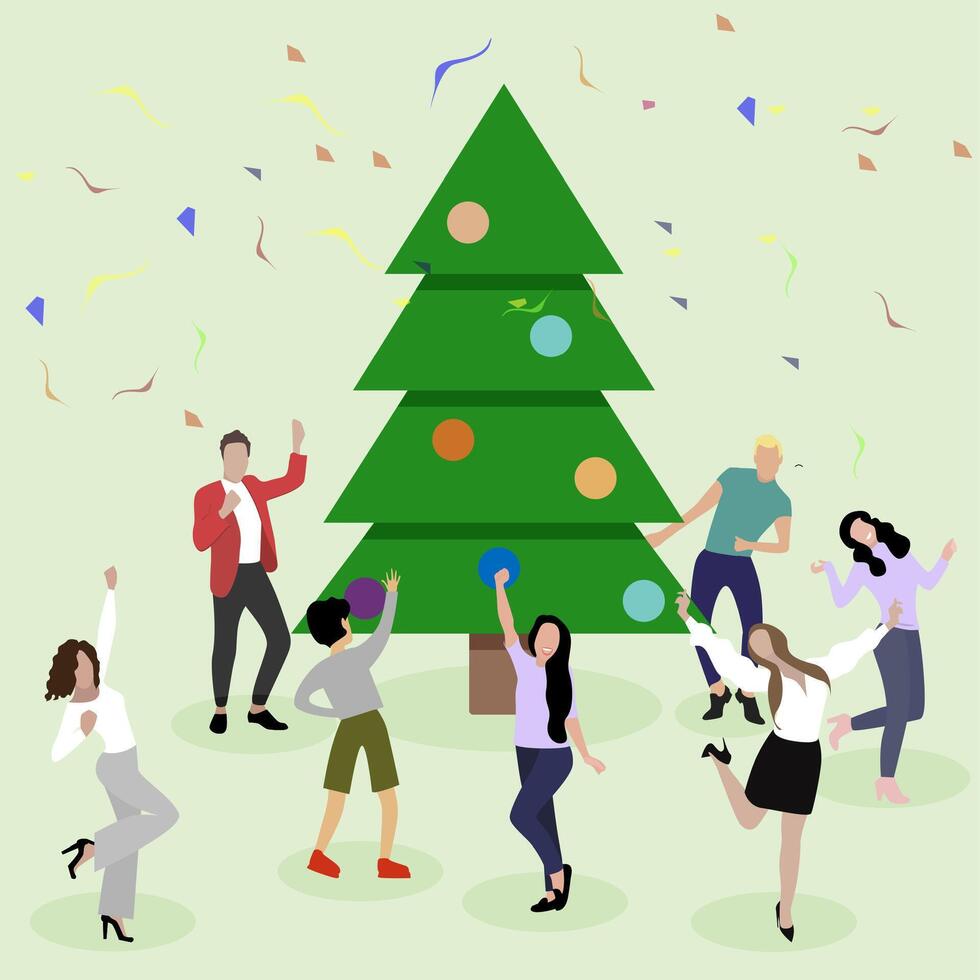 Lycklig ny år, människor dansa och njut av runt om jul träd. vektor av jul fest, människor firande, fira företag med dekoration träd illustration