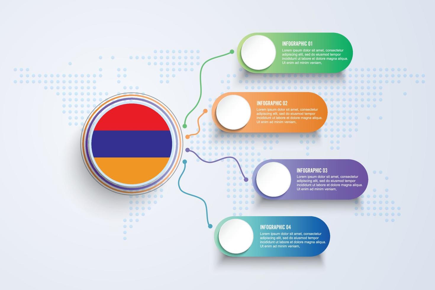 Armenien-Flagge mit Infografik-Design isoliert auf Punktweltkarte vektor