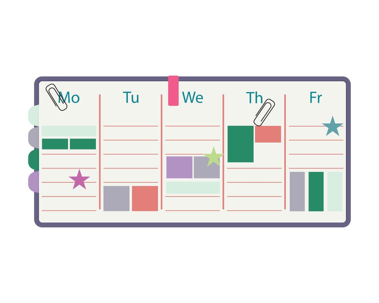 schema och planerare mall för studenter, varje vecka uppgifter och till do lista. påminnelse varje vecka tom, tryckbar schema, kalender för tabell, anteckningsbok för företag, tidning layout, vektor illustration