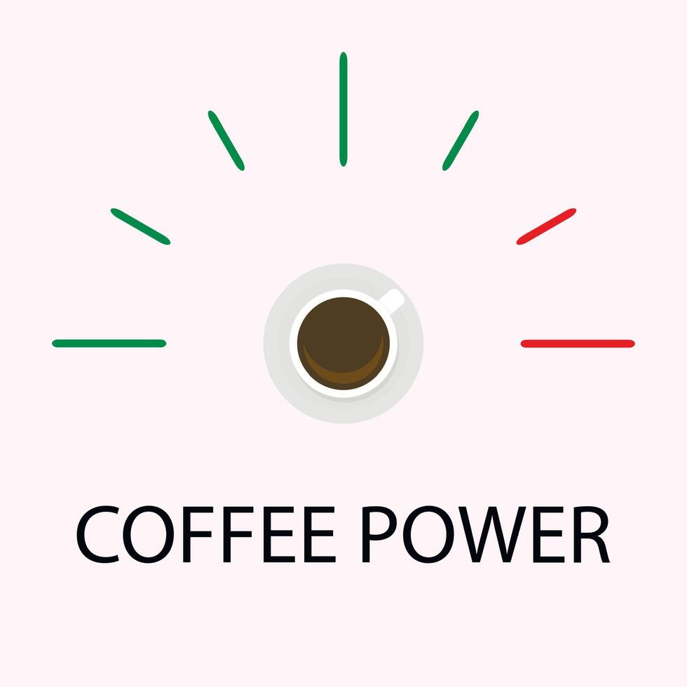 Kaffee Leistung Indikator eben, Bewertung Meter Energie. Vektor Illustration. Kaffee eben, Leistung Tafel, Aroma stark Skala, Morgen köstlich Idee, Espresso Tachometer, Cafe heiß trinken, Koffein Rahmen