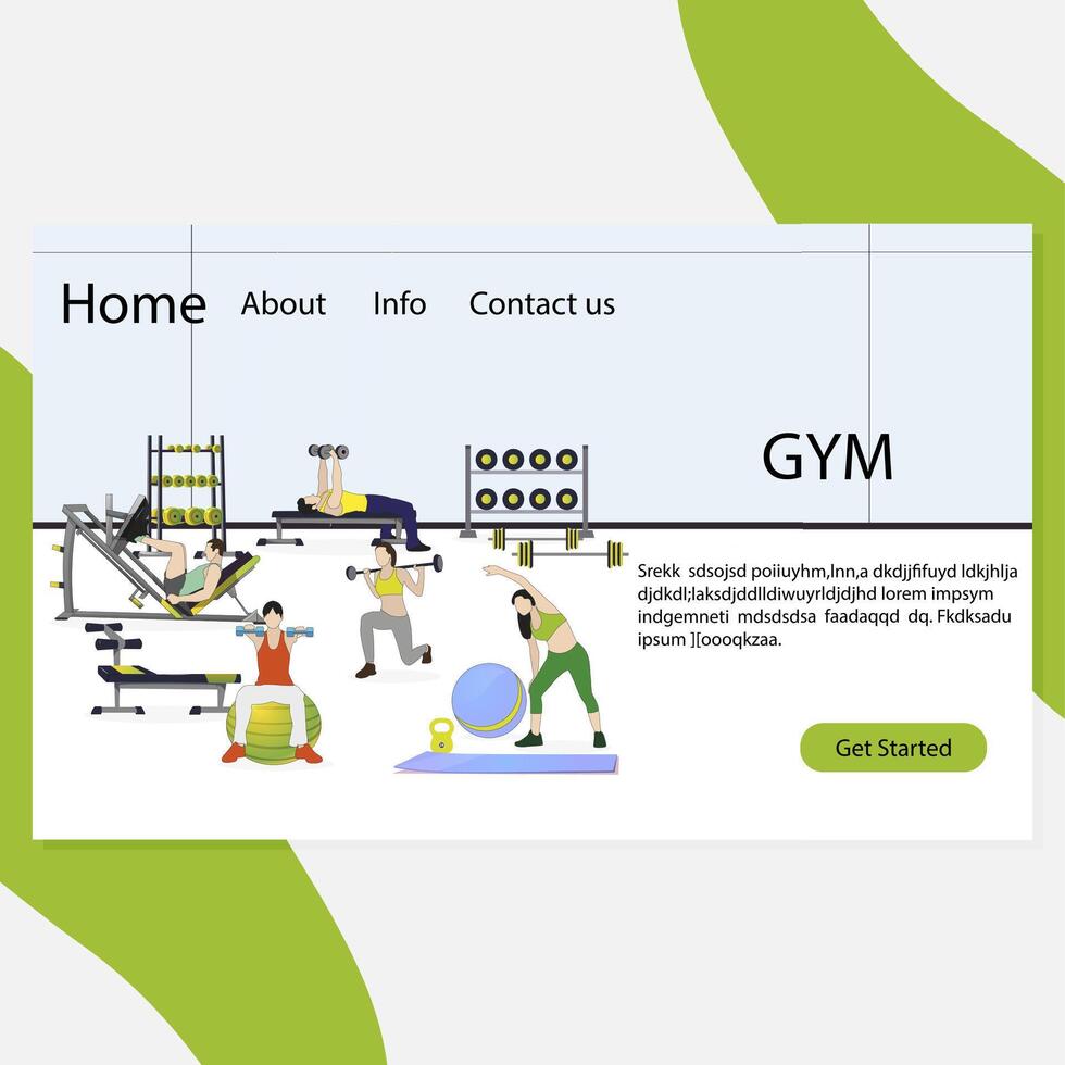 Gym landning sida. vektor sport Träning till hälsa, kondition livsstil tecknad serie, kropp aktivitet illustration, interiör Gym med sport Utrustning för träna