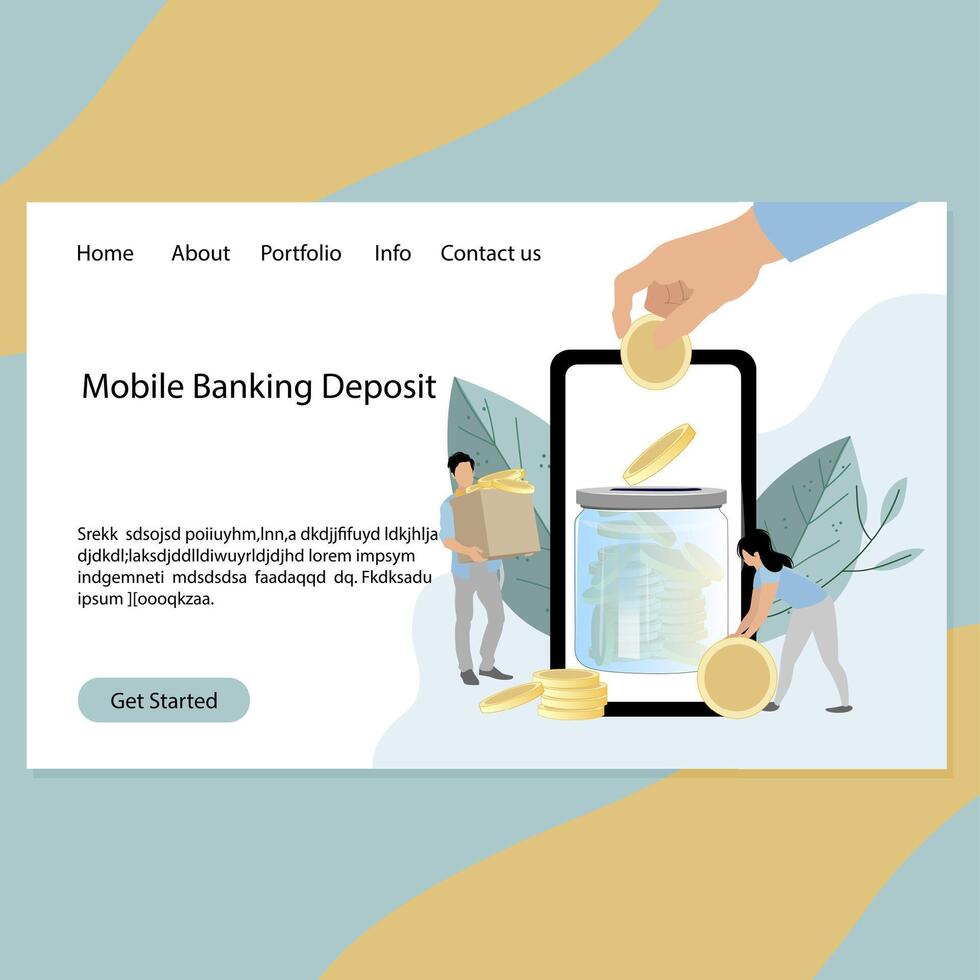 mobil bank deposition service landning sida, begrepp säker pengar. vektor desing bank avdelning av finansiera, illustration tjäna och transaktion i mobil transaktion