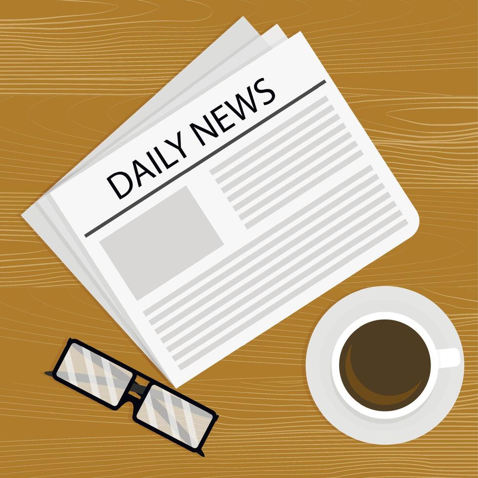 begrepp av företag morgon, dagligen Nyheter och kopp av kaffe. vektor illustration. Tryck morgon- artikel, tidning information, affärsmän rubrik, tidningspapper bakgrund, värld Nyheter