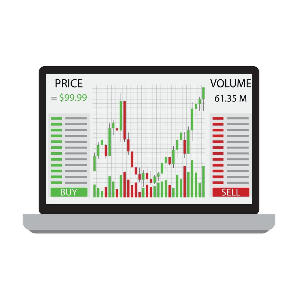 Grafik und Diagramm zu Handel Austausch auf Laptop, Plattform zu Handel. Vektor Illustration. Handel Diagramm, Instrumententafel Analytik, Bitcoin Kommunikation, Geschäft industriell Bahnhof, Clever Telefon App Bitcoin