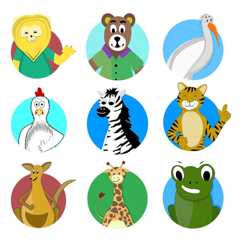 tecknad serie avatar djur- känguru lejon och giraff maskot, varelse Lycklig avatar till spel, totem munkorg, kattdjur vild, vektor illustration