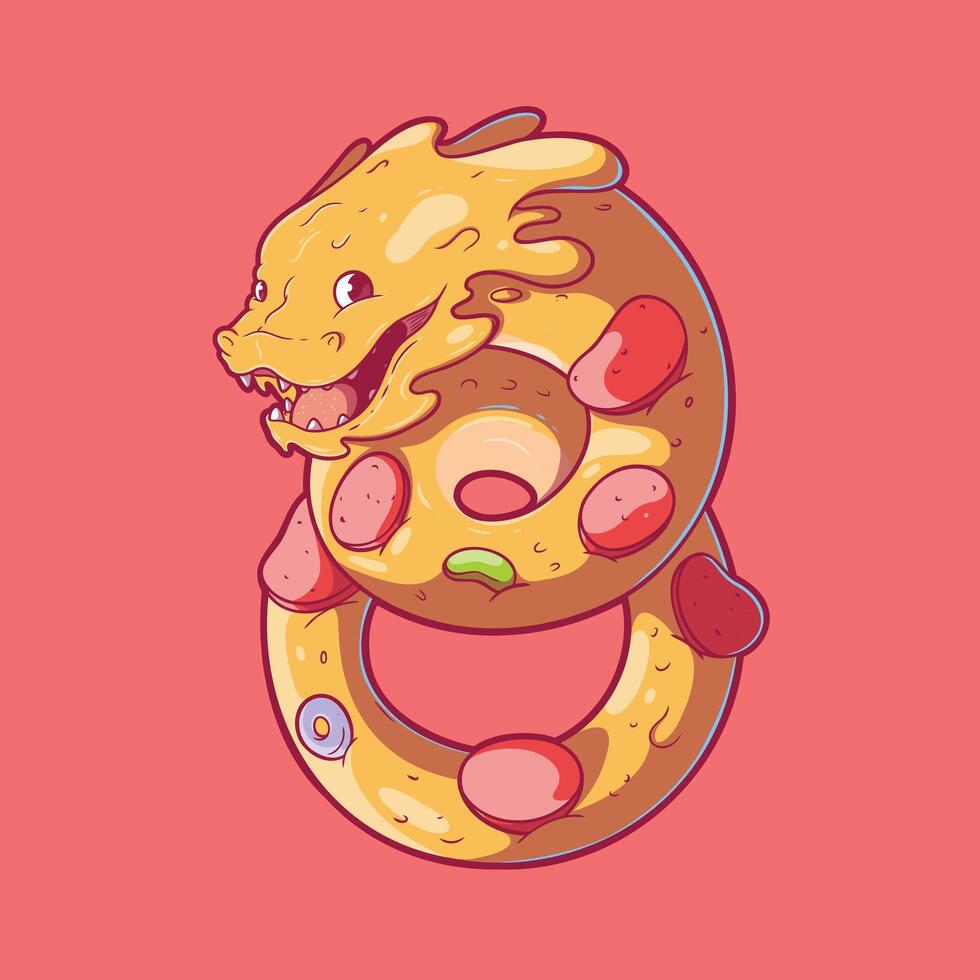 Drachen Pizza Charakter lächelnd Vektor Illustration. Essen, Maskottchen, Marke Design Konzept.
