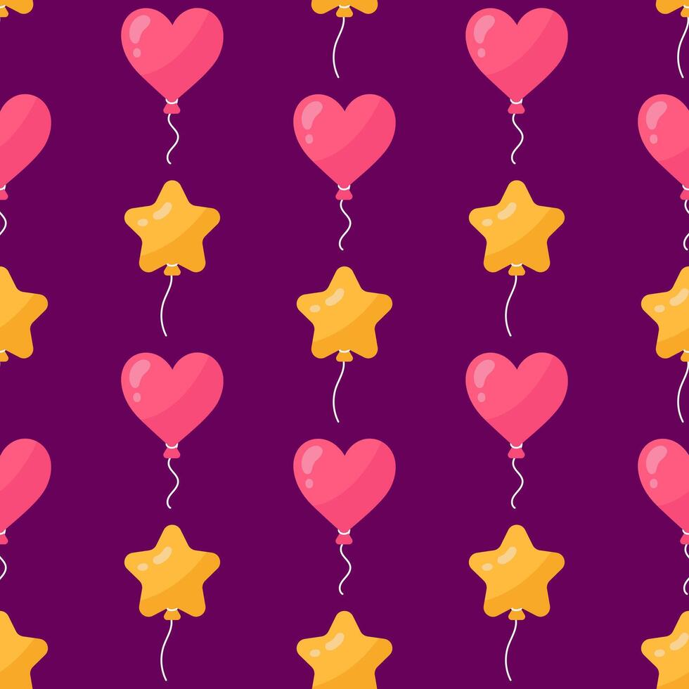 Luftballons nahtlos Vektor Muster. bunt Spielzeuge von anders Formen - - Star und Herz. festlich fliegend Überraschung zum ein Party, Geburtstag, Fall. komisch Urlaub Dekoration auf ein Schnur. dunkel lila Hintergrund