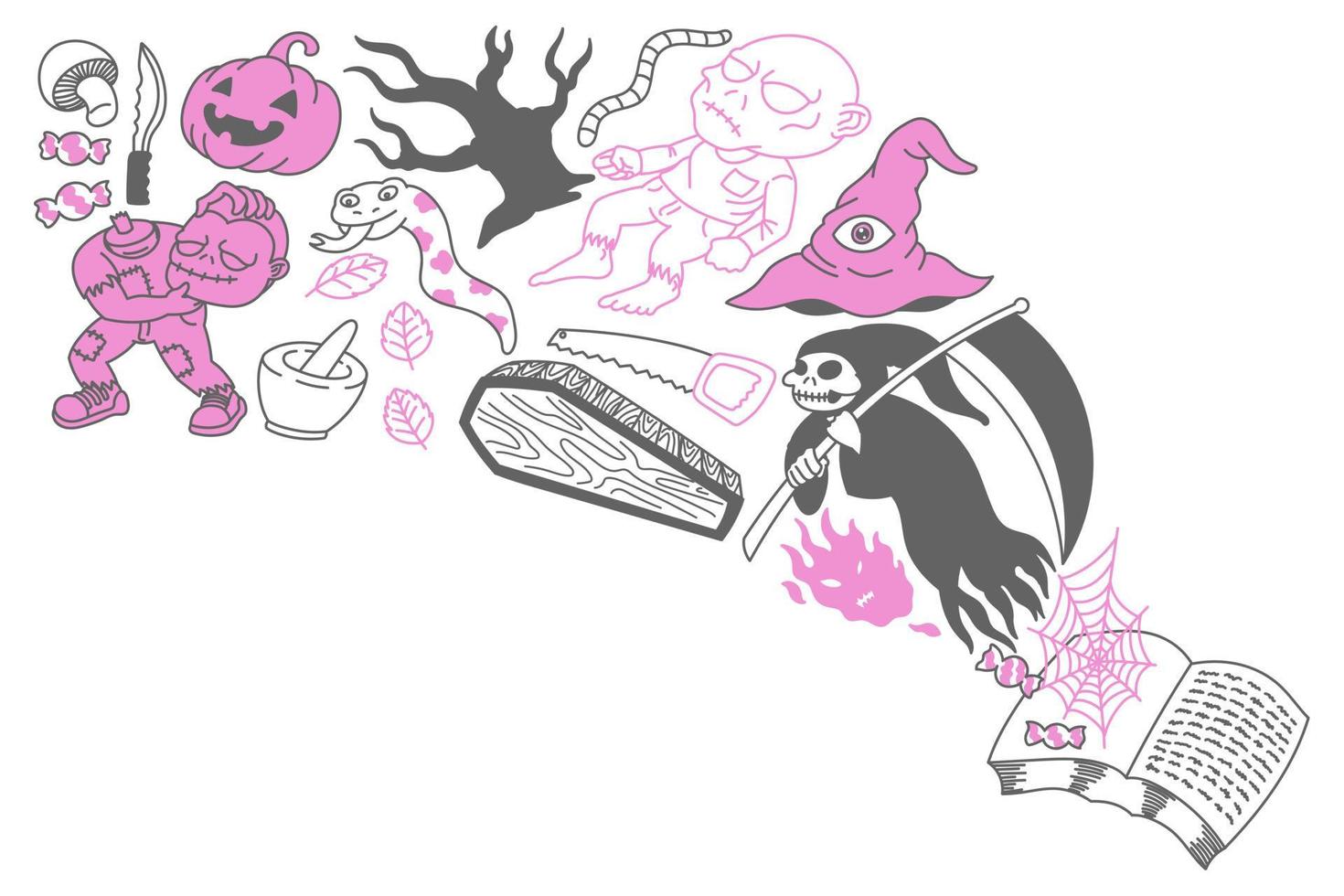 Set süßer Halloween-Doodles, Cartoon, Spaß, Druck, Kunst vektor