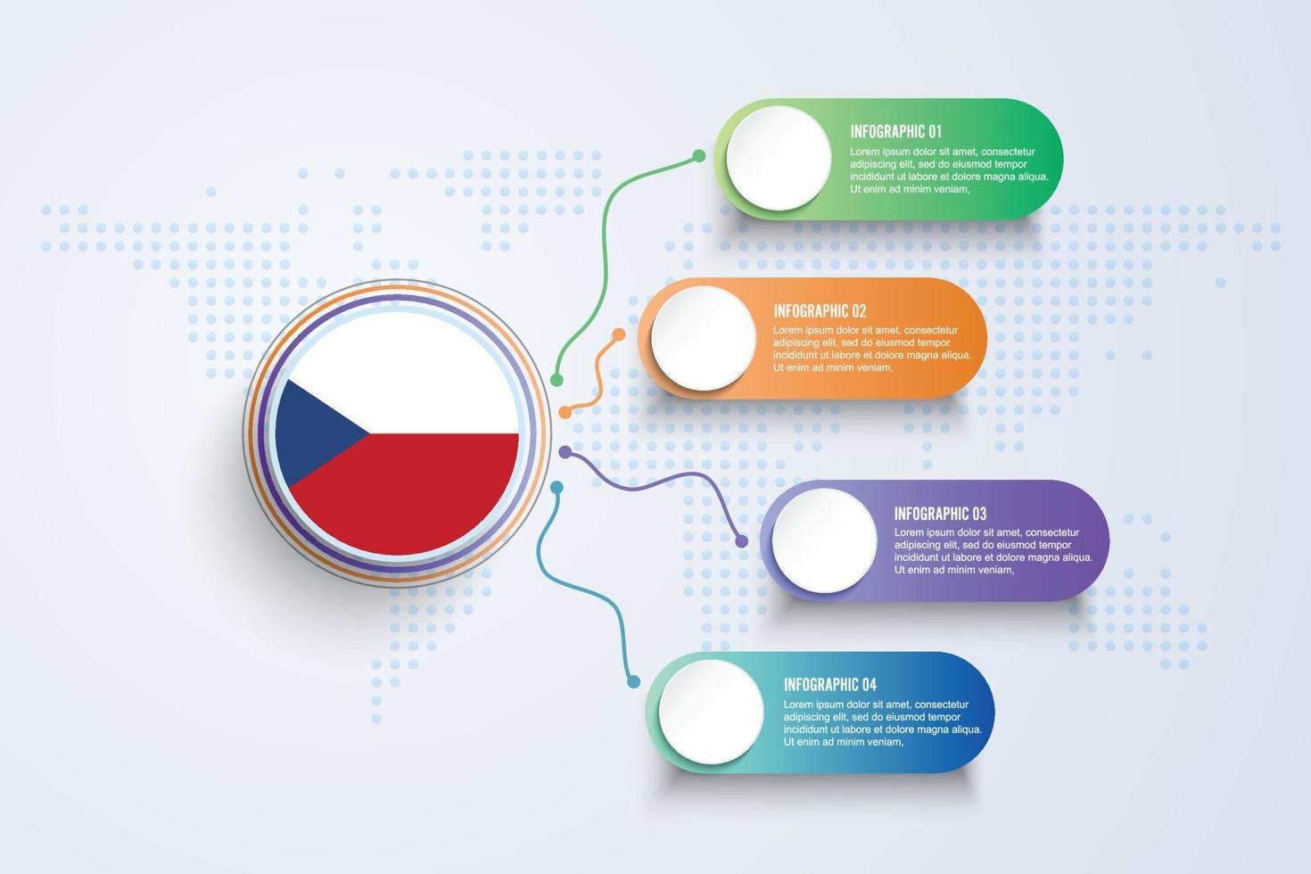 Flagge der Tschechischen Republik mit Infografik-Design isoliert auf Punktweltkarte vektor