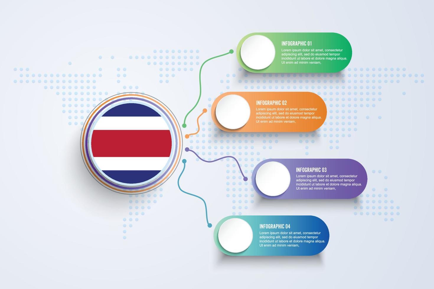 costa rica flagga med infographic design isolerad på dot världskartan vektor